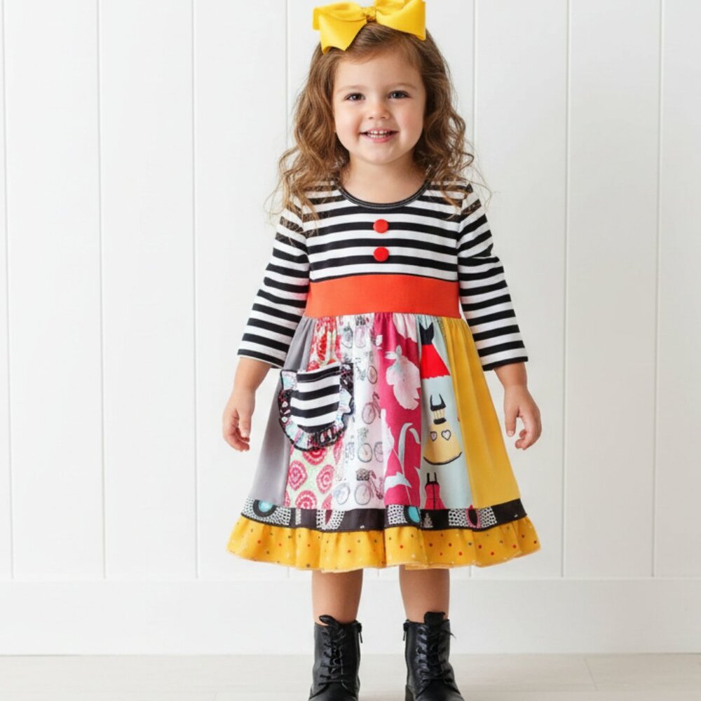 Striped Patchwork Twirl Dress, Girl's, kids